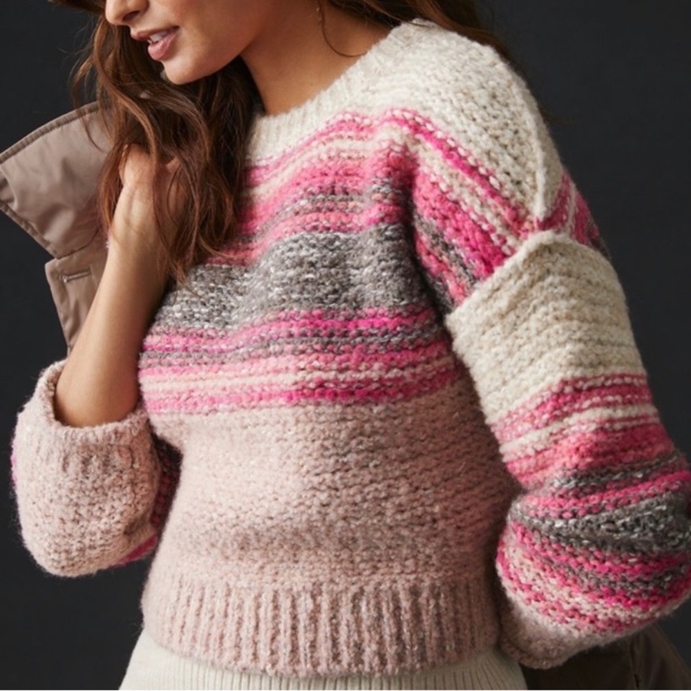 Pilcro Striped Chunky Knit Sweater XS Pink Cream Gray Cropped Pullover